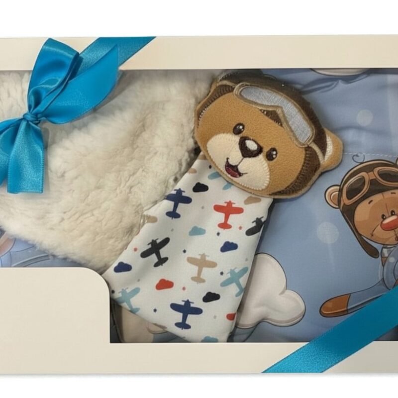 Presente Maternidade manta com naninha urso aviador azul