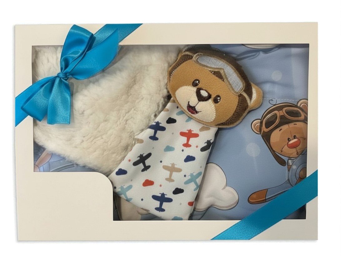 Presente Maternidade manta com naninha urso aviador azul