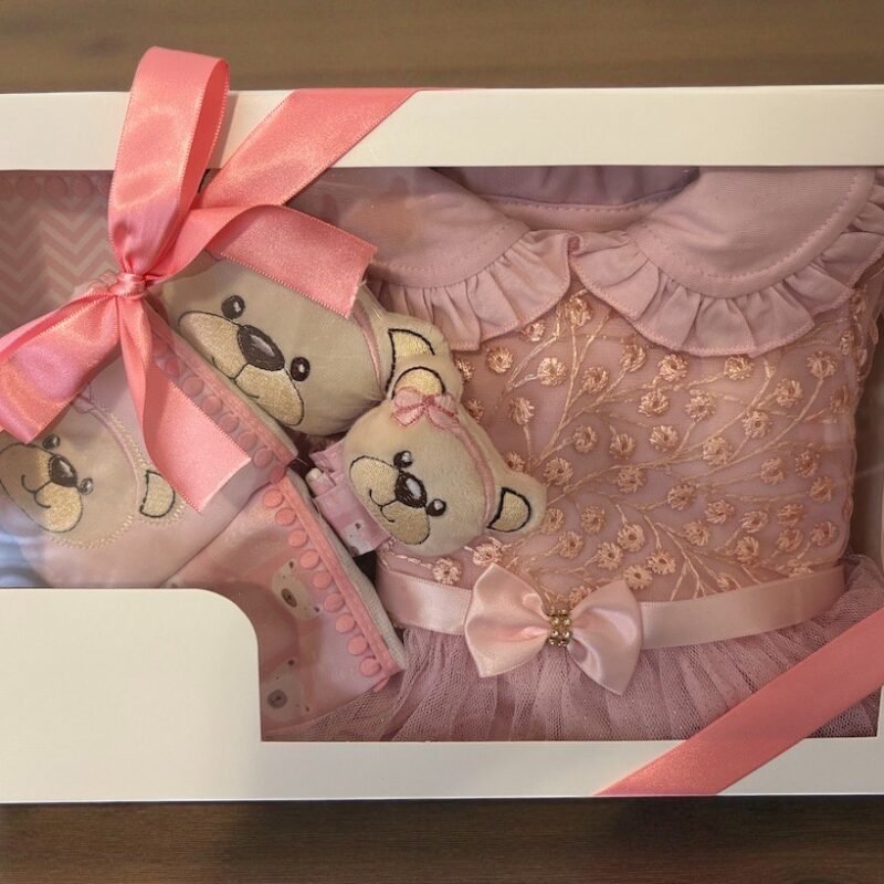 Presente Maternidade Macacão com vestido sobreposto rosa